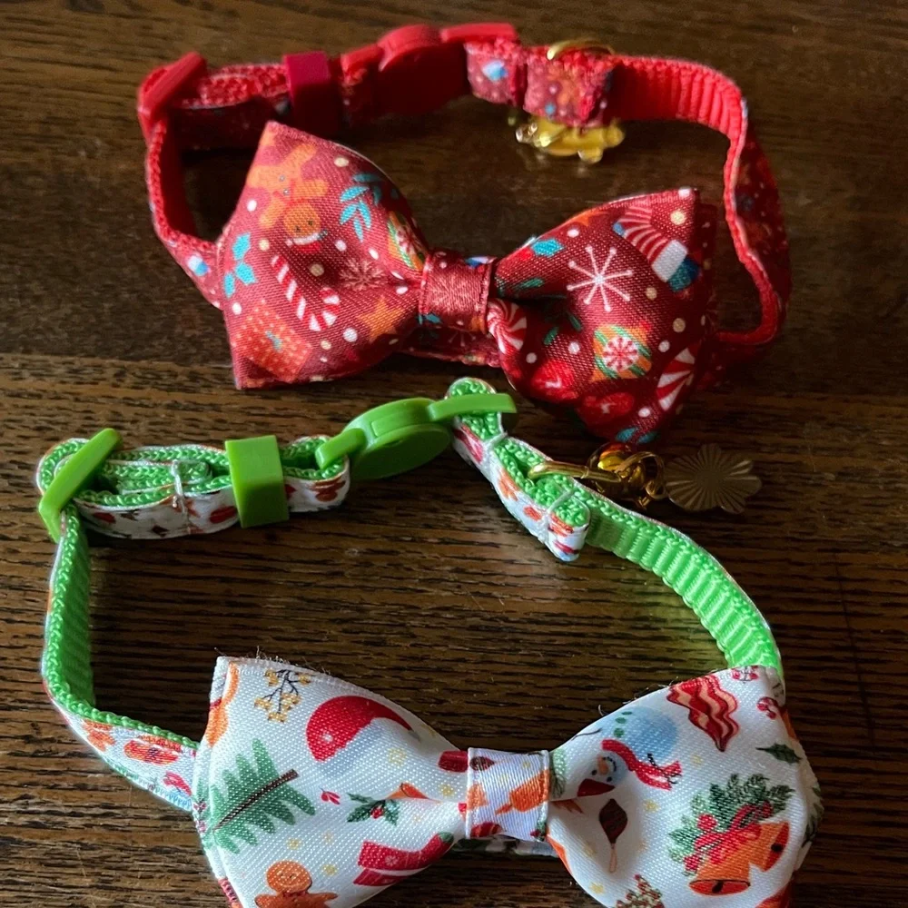Festive Pet Collar Set with Bow Tie Cat or Small Dog